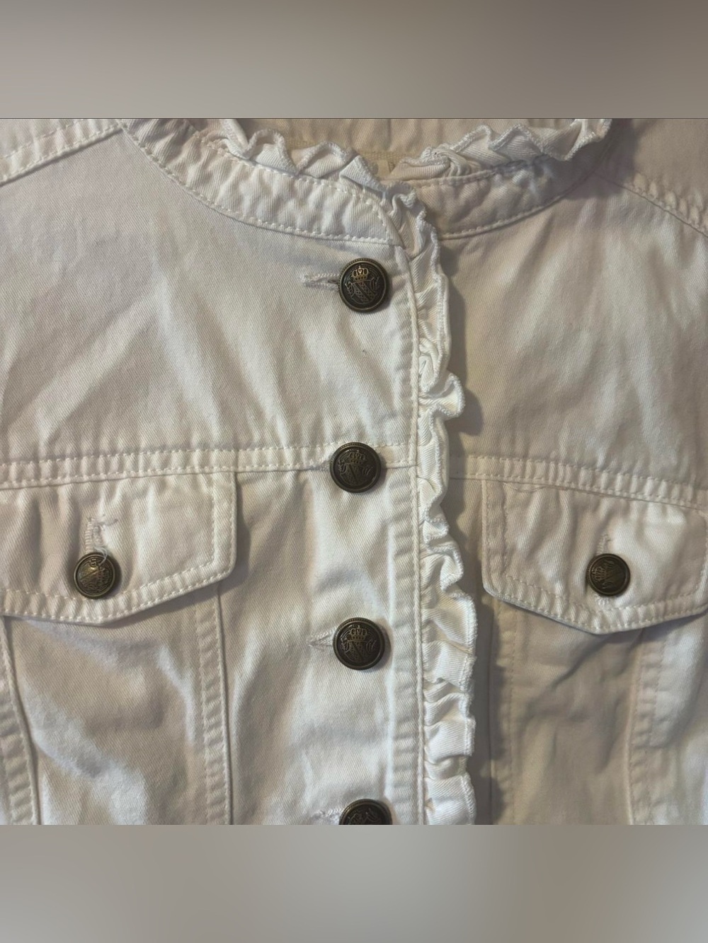 Sandro 100% Cotton Denim Jacket Sz Small White Ruffle Crop 3/4 Sleeve Structured - Picture 3 of 4